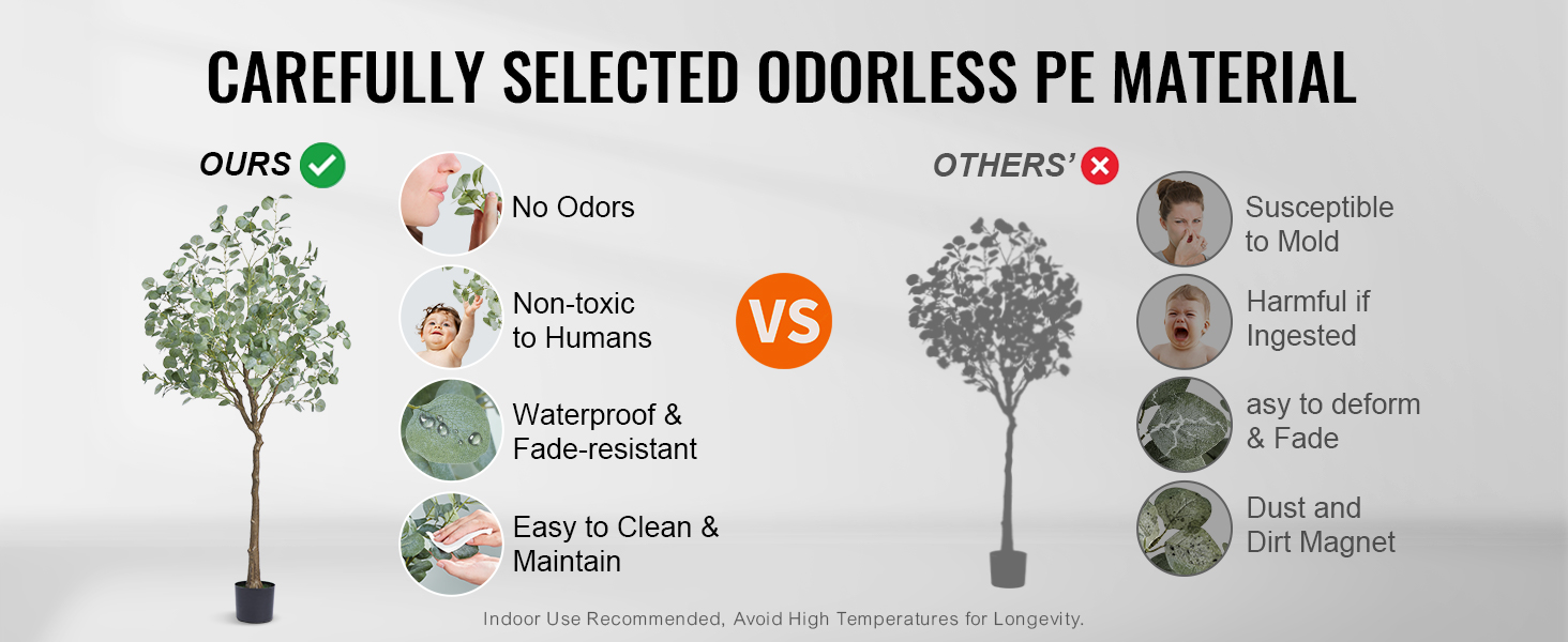 VEVOR artificial eucalyptus tree vs. competitors, highlighting odorless, non-toxic, waterproof, easy maintenance.