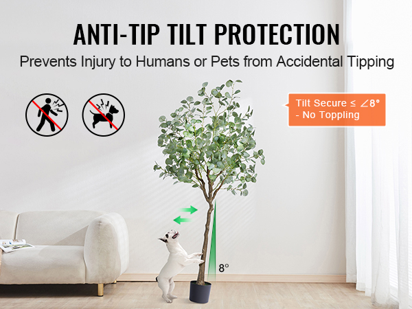 VEVOR artificial eucalyptus tree with anti-tip tilt protection to prevent accidents. safe for humans and pets.