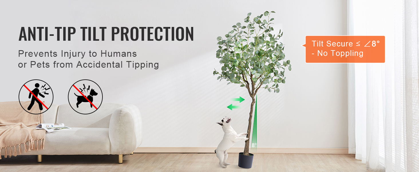 VEVOR artificial eucalyptus tree with anti-tip tilt protection to prevent accidents. safe for humans and pets.