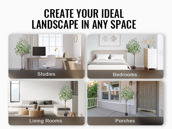 VEVOR artificial eucalyptus tree showcased in bedroom, study, living room, and porch settings.