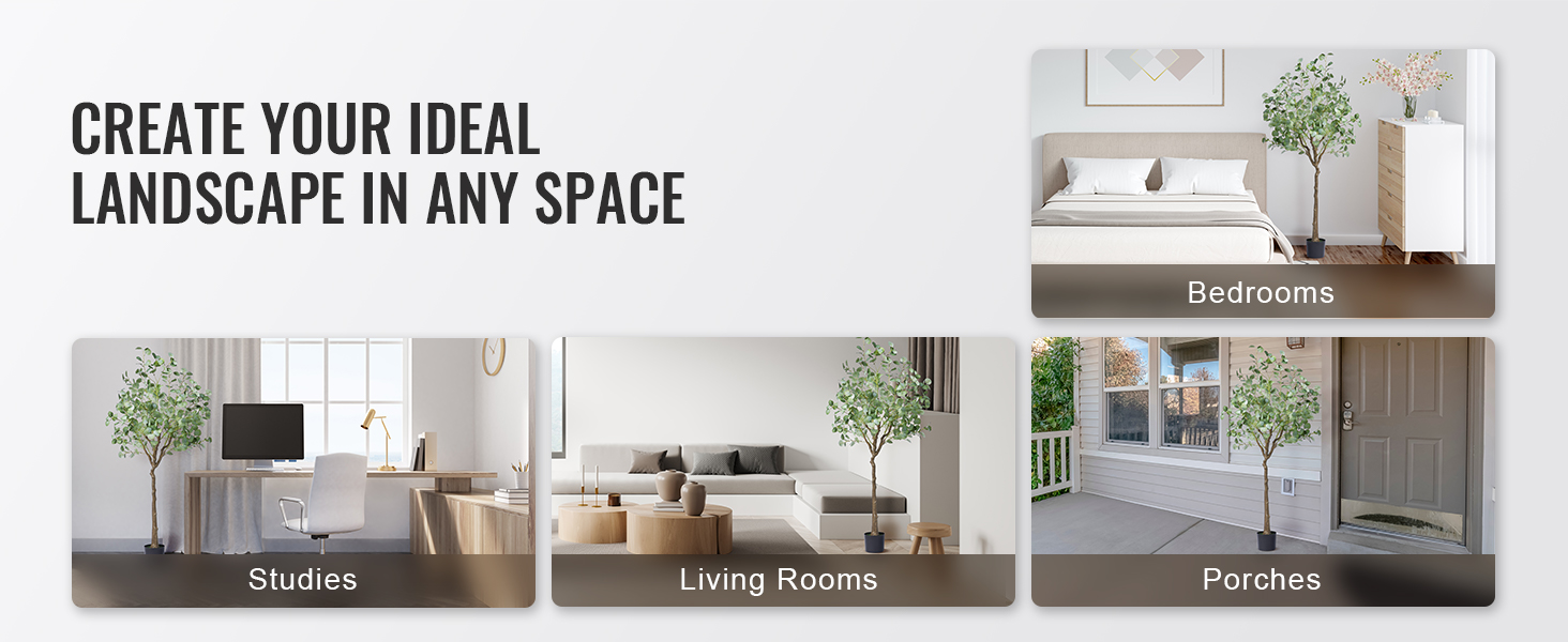 VEVOR artificial eucalyptus tree showcased in bedroom, study, living room, and porch settings.