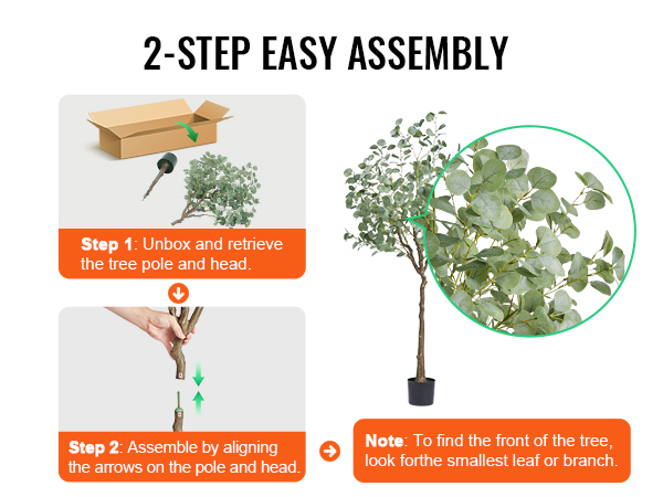 2-step easy assembly of the VEVOR artificial eucalyptus tree with detailed instructions and zoomed leaves.