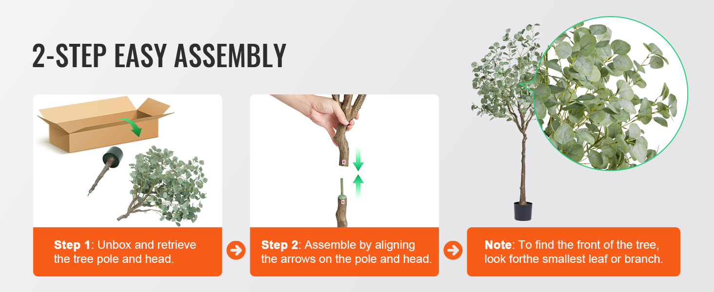 2-step easy assembly of the VEVOR artificial eucalyptus tree with detailed instructions and zoomed leaves.