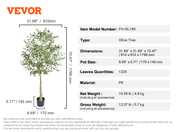 VEVOR artificial olive tree dimensions and specifications with measurements and weight details.