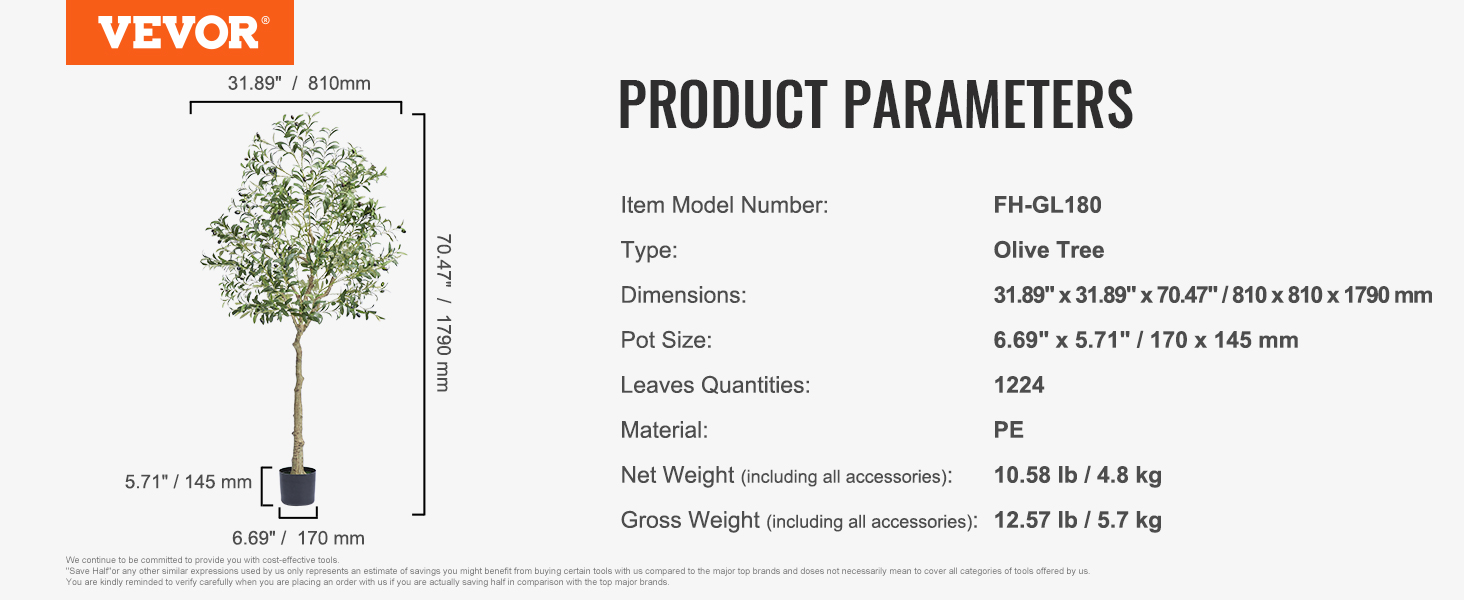 VEVOR artificial olive tree dimensions and specifications with measurements and weight details.