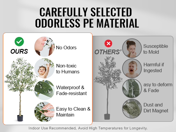 VEVOR artificial olive tree made from odorless pe material, non-toxic, waterproof, and easy to maintain.