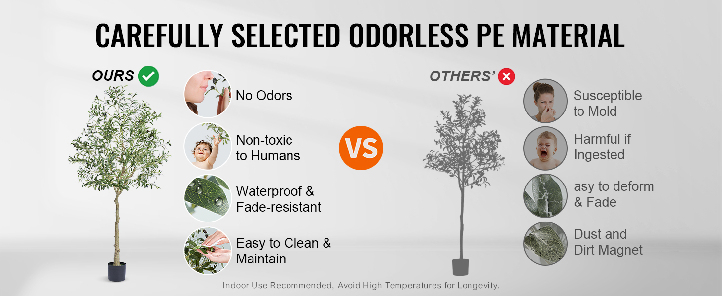 VEVOR artificial olive tree made from odorless pe material, non-toxic, waterproof, and easy to maintain.