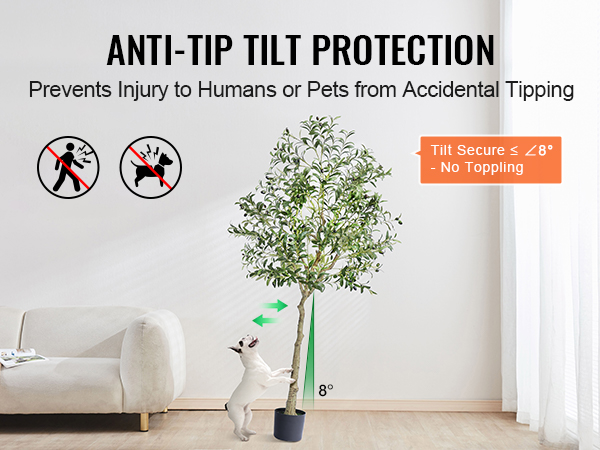 VEVOR artificial olive tree with anti-tip protection, safe for pets and humans, secure at ≤ 8° tilt.