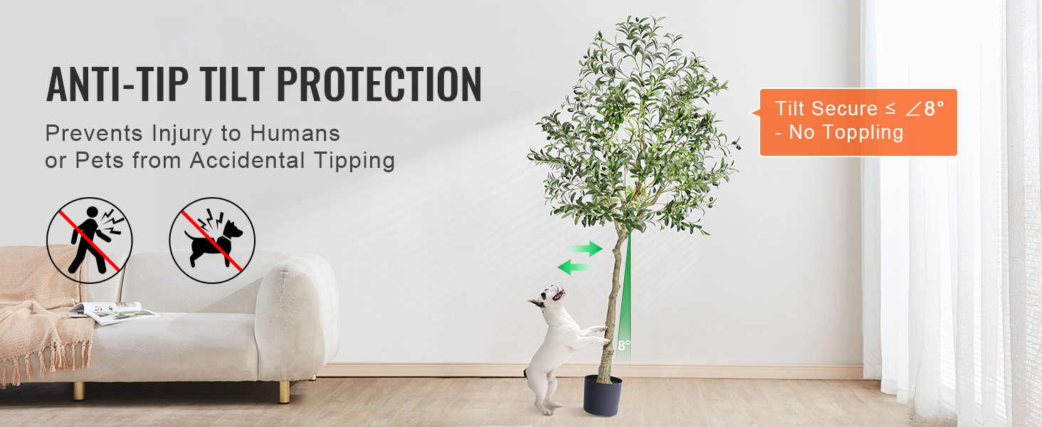 VEVOR artificial olive tree with anti-tip protection, safe for pets and humans, secure at ≤ 8° tilt.