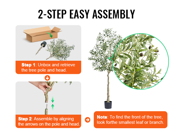 2-step assembly for VEVOR artificial olive tree showing unboxing, aligning poles, and a close-up of leaves.