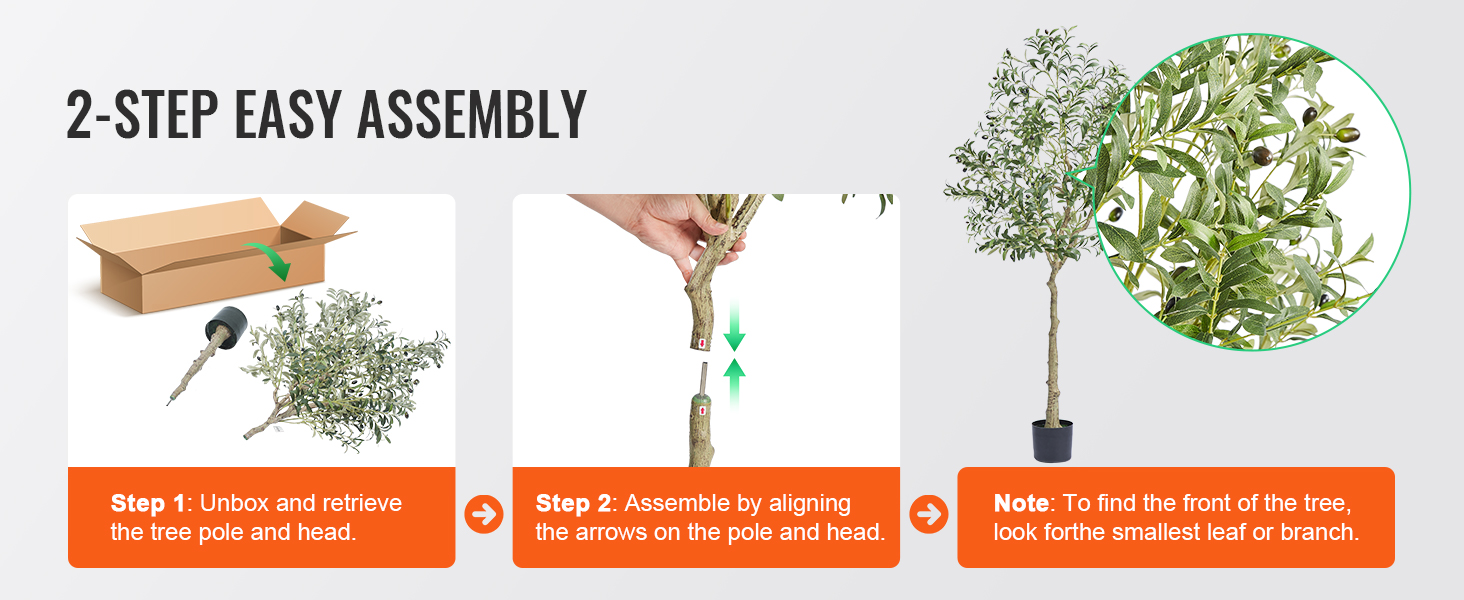 2-step assembly for VEVOR artificial olive tree showing unboxing, aligning poles, and a close-up of leaves.