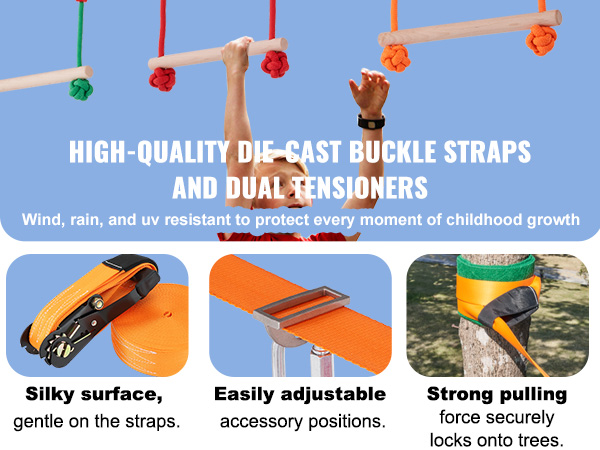 high-quality VEVOR ninja warrior obstacle course with die-cast buckle straps and dual tensioners.