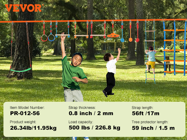 children playing on the VEVOR ninja warrior obstacle course with various hanging and climbing elements.