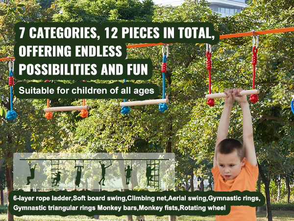 VEVOR ninja warrior obstacle course featuring 12 pieces including monkey bars, gymnastic rings, and swings.