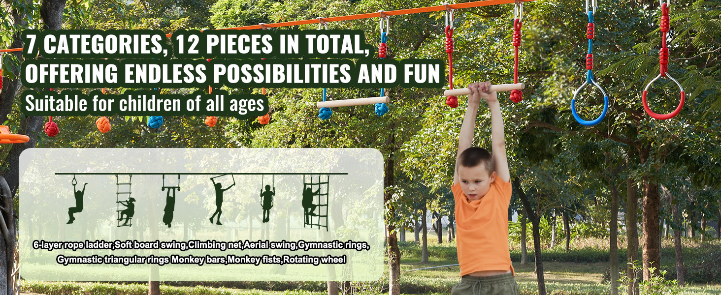 VEVOR ninja warrior obstacle course featuring 12 pieces including monkey bars, gymnastic rings, and swings.