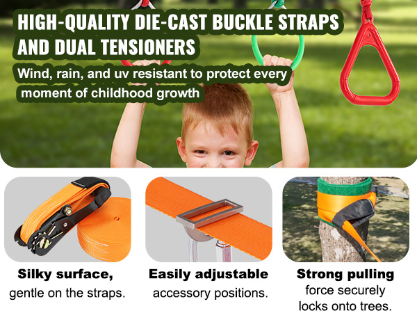 child playing on VEVOR ninja warrior obstacle course with die-cast buckle straps and dual tensioners.
