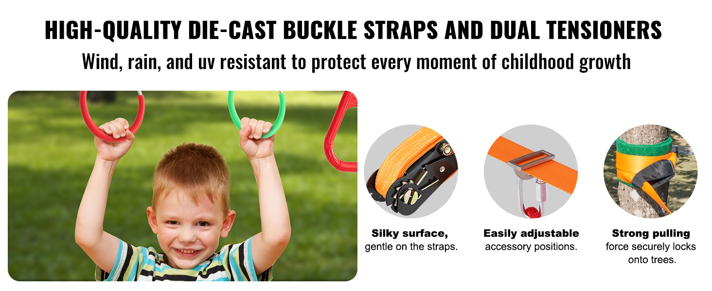 child playing on VEVOR ninja warrior obstacle course with die-cast buckle straps and dual tensioners.