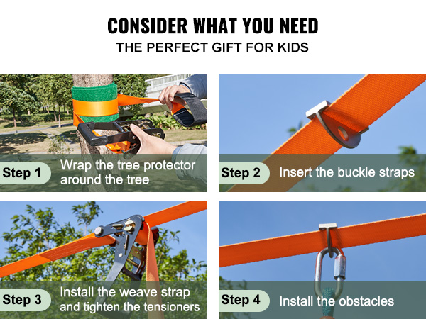 VEVOR ninja warrior obstacle course installation steps: protect tree, buckle straps, tighten, add obstacles.