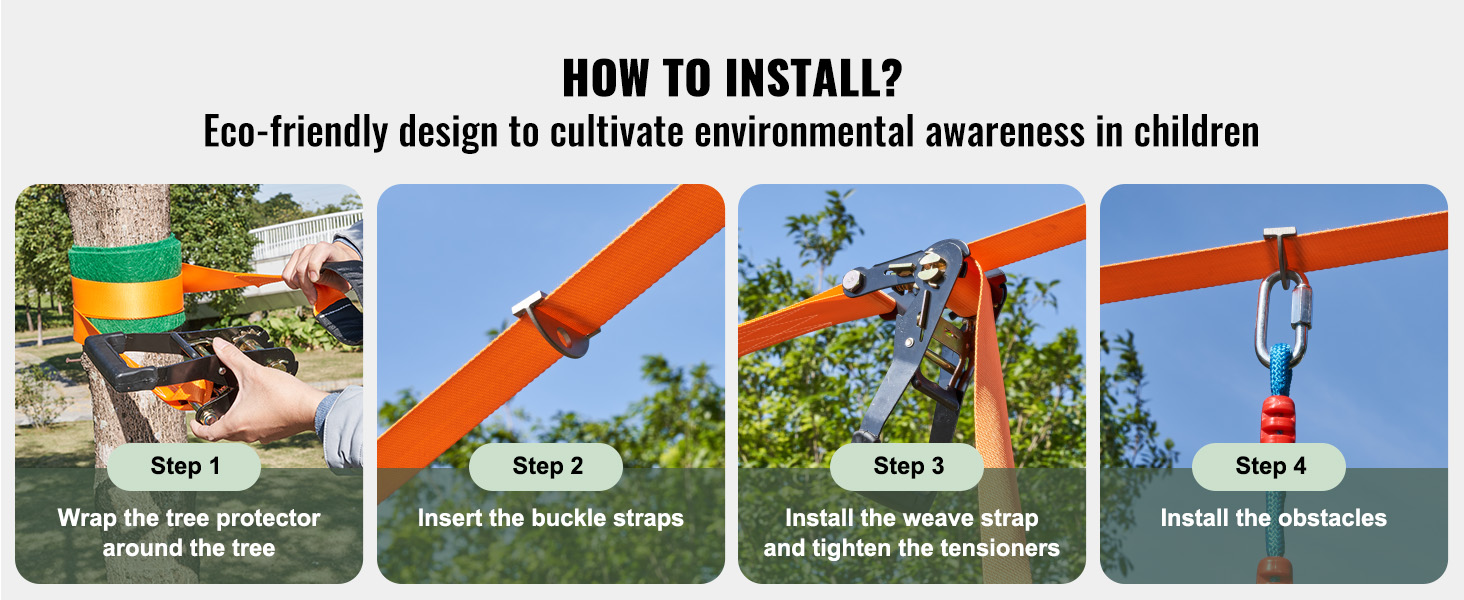 VEVOR ninja warrior obstacle course installation steps: protect tree, buckle straps, tighten, add obstacles.