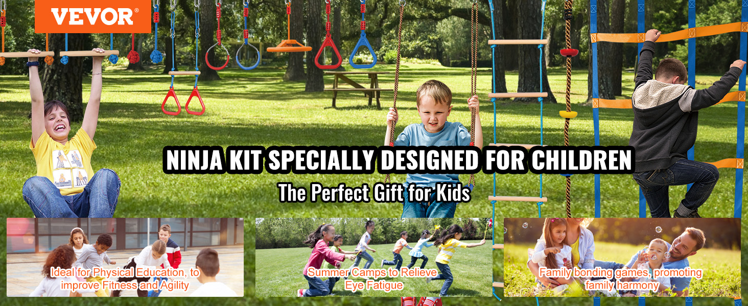 VEVOR ninja warrior obstacle course for kids, featuring playground equipment in a park setting.