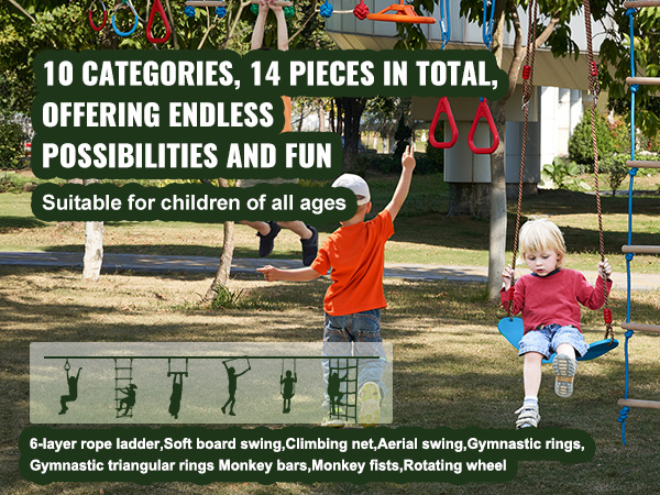 children playing on VEVOR ninja warrior obstacle course with swings, ladders, and monkey bars.
