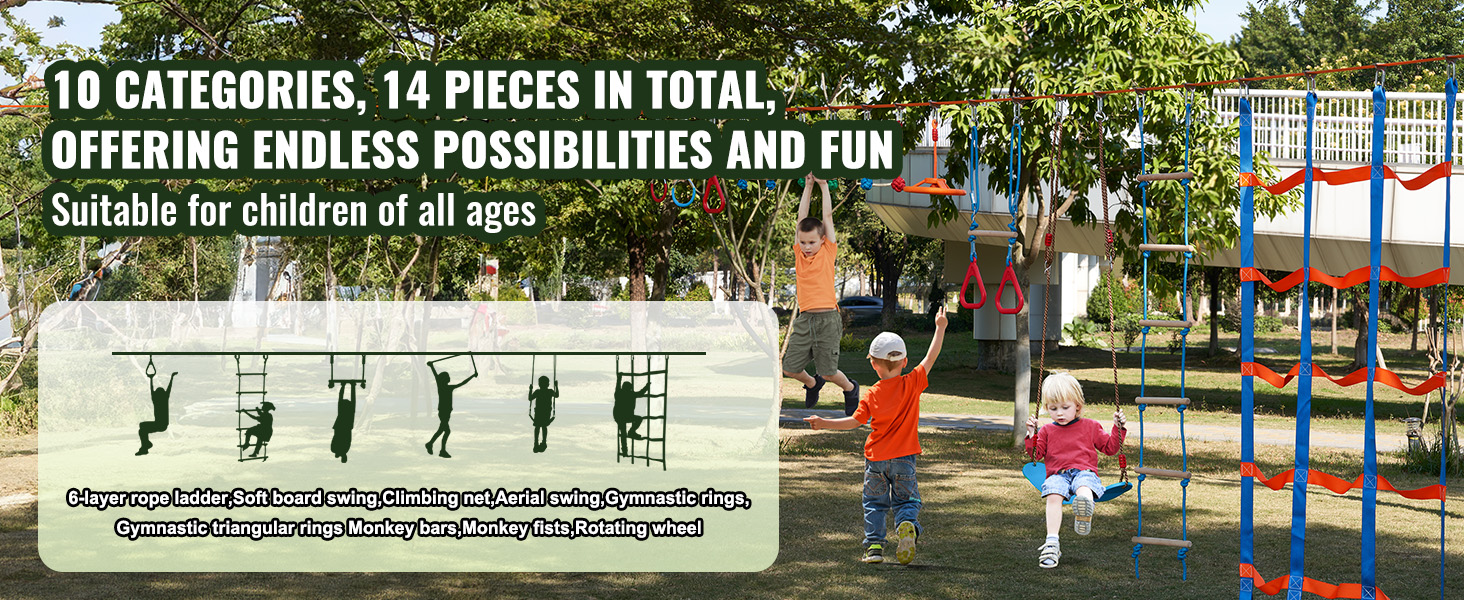 children playing on VEVOR ninja warrior obstacle course with swings, ladders, and monkey bars.