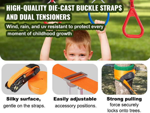 VEVOR ninja warrior obstacle course with high-quality die-cast buckle straps and dual tensioners.