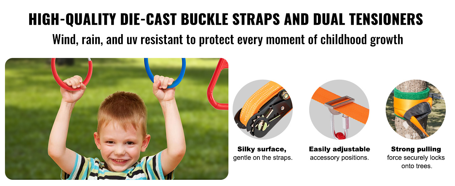 VEVOR ninja warrior obstacle course with high-quality die-cast buckle straps and dual tensioners.