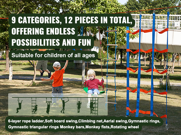 children playing on the VEVOR ninja warrior obstacle course with various equipment in a park setting.