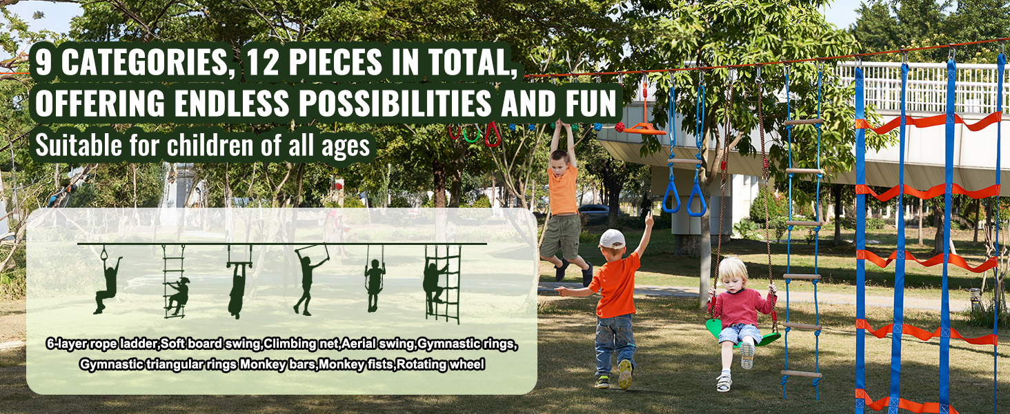 children playing on the VEVOR ninja warrior obstacle course with various equipment in a park setting.