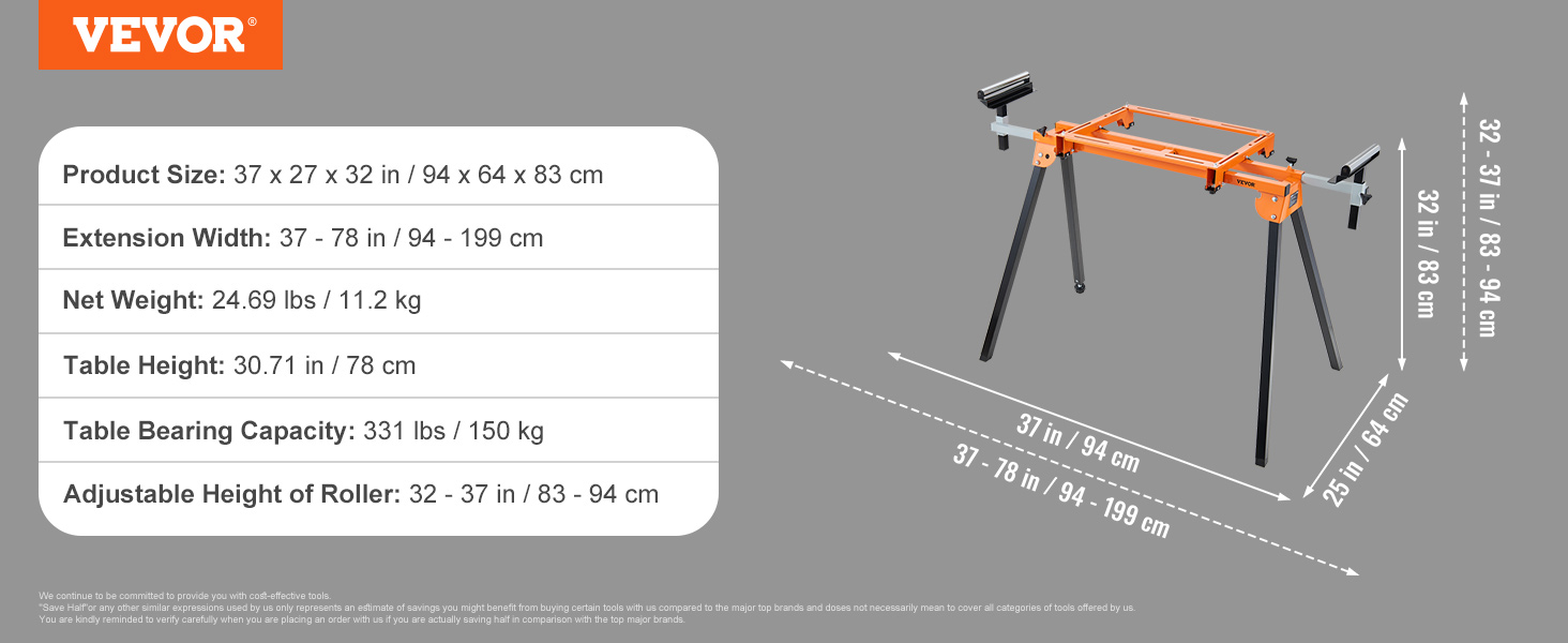 VEVOR miter saw stand dimensions: 37 x 27 x 32 in; extension width: 37-78 in; weight: 24.69 lbs.