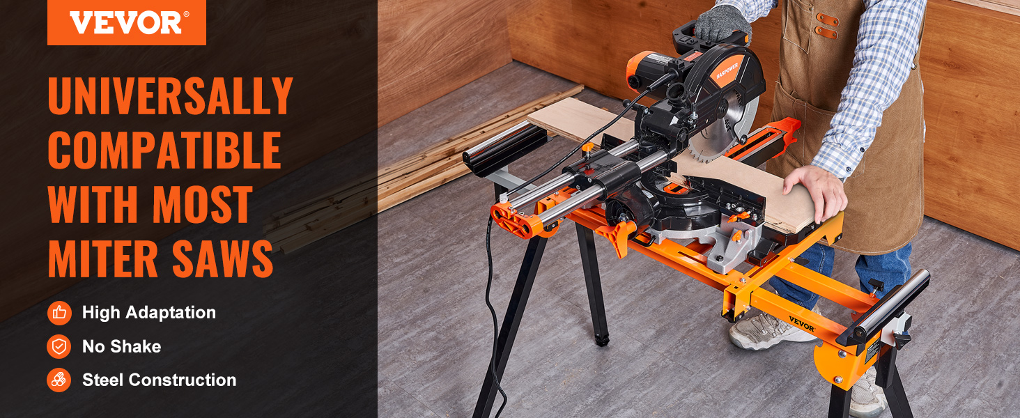 VEVOR miter saw stand, steel construction, high adaptation, no shake, used with miter saw in workshop.