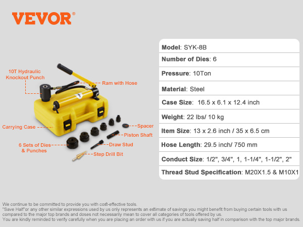 VEVOR hydraulic knockout punch kit with carrying case, dies, punches, ram, hose, and step drill bit.