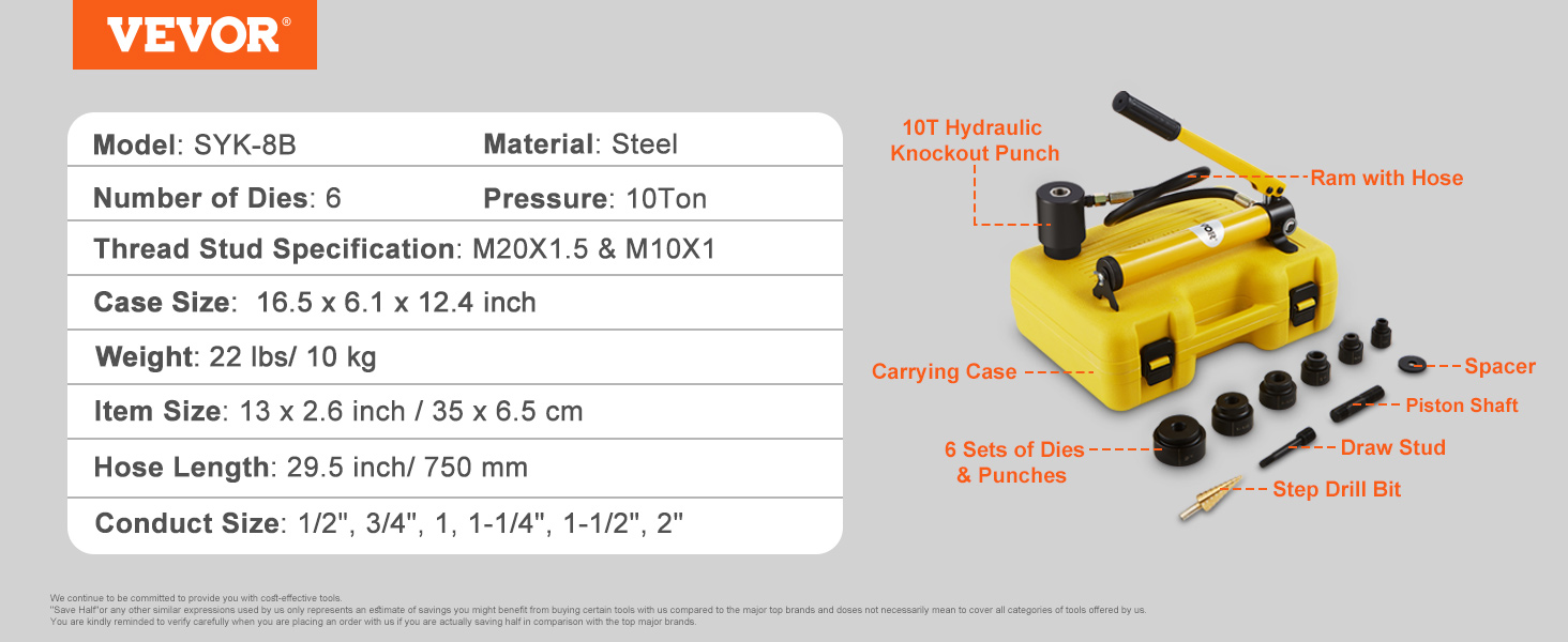 VEVOR hydraulic knockout punch kit with carrying case, dies, punches, ram, hose, and step drill bit.