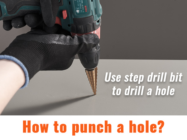 hand using a drill with a step drill bit to make a hole, VEVOR hydraulic knockout punch kit guide.