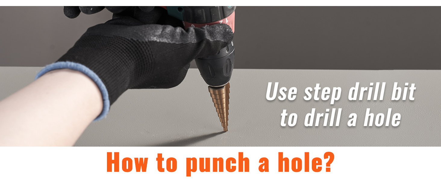 hand using a drill with a step drill bit to make a hole, VEVOR hydraulic knockout punch kit guide.