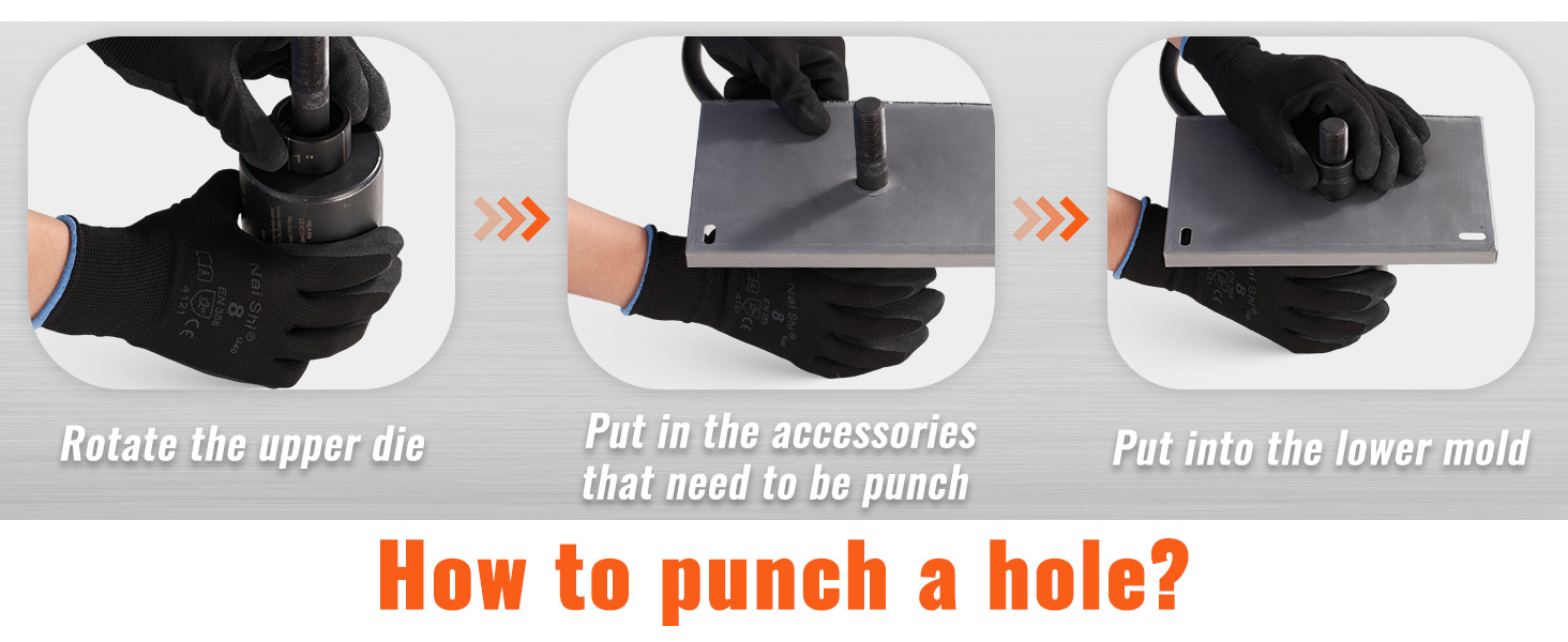 punching a hole using VEVOR hydraulic knockout punch kit showing steps: rotate die, insert accessories, place lower mold.