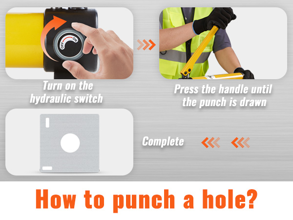 instructions for using the VEVOR hydraulic knockout punch kit: switch on, press handle, complete punch.