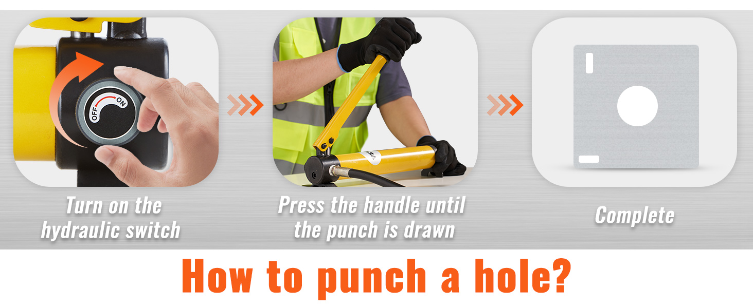 instructions for using the VEVOR hydraulic knockout punch kit: switch on, press handle, complete punch.