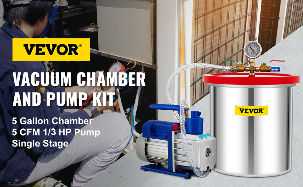 VEVOR vacuum chamber and pump kit, 5 gallon, 5 cfm 1/3 hp single stage for industrial use.