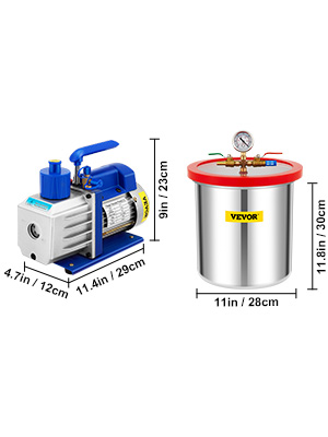 VEVOR vacuum chamber set with chamber and pump dimensions: 11in/28cm diameter, 9in/23cm height chamber.