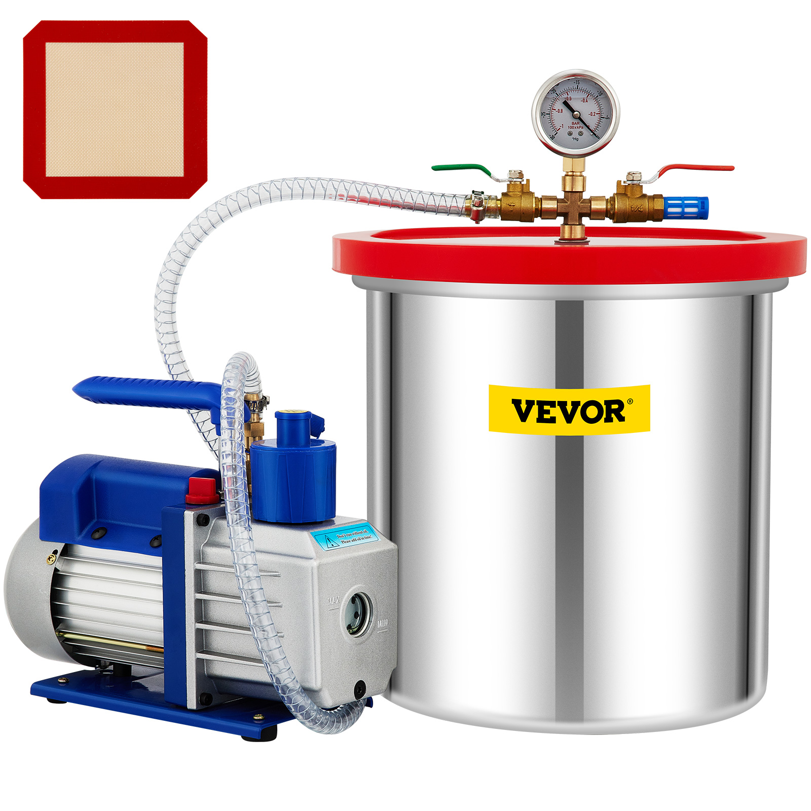 VEVOR vacuum chamber with gauge, hose, pump, stainless steel container, and silicone mat.