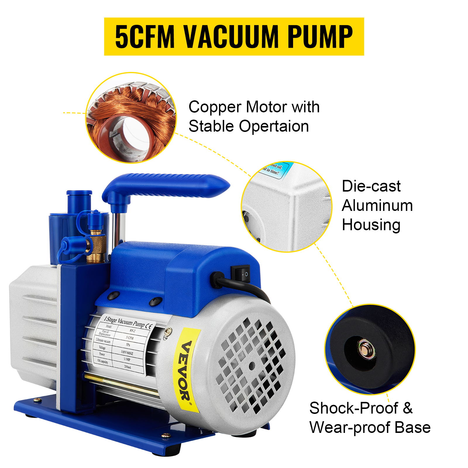 VEVOR vacuum chamber pump with copper motor, die-cast aluminum housing, and shock-proof base.