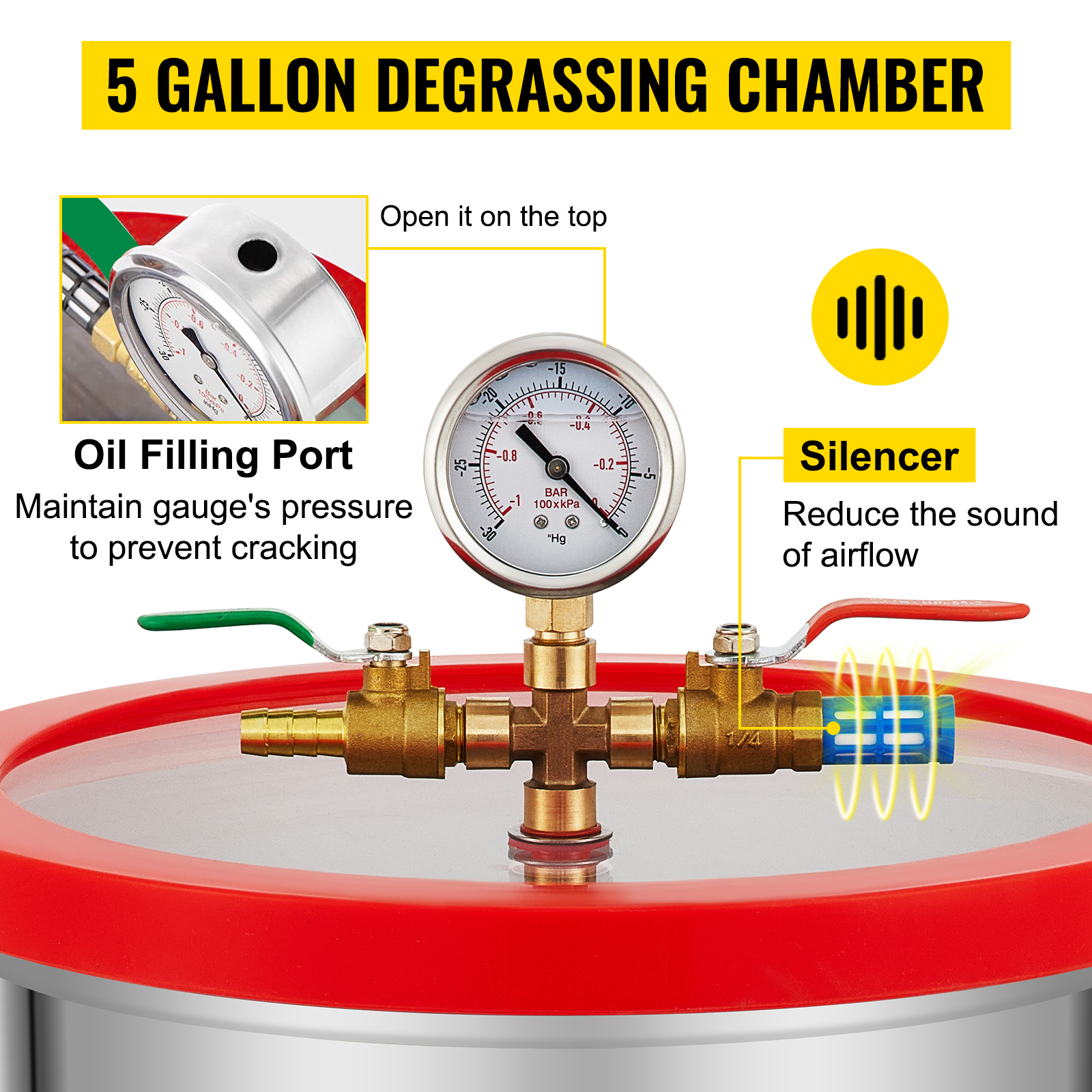 5-gallon VEVOR vacuum chamber with pressure gauge, oil filling port, and silencer for reduced airflow noise.