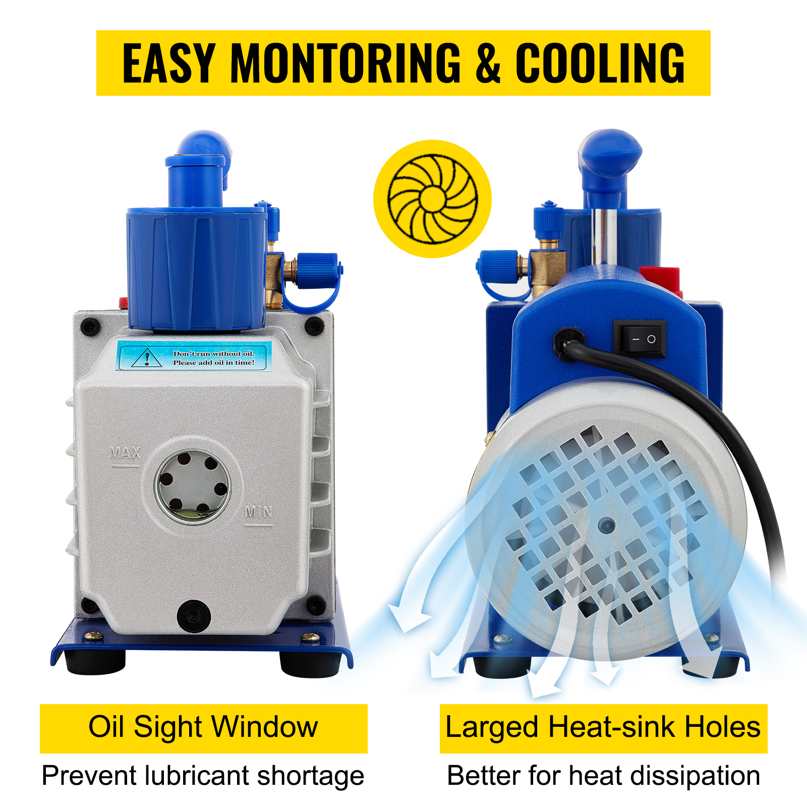 VEVOR vacuum chamber with oil sight window and large heat-sink holes for easy monitoring and cooling.