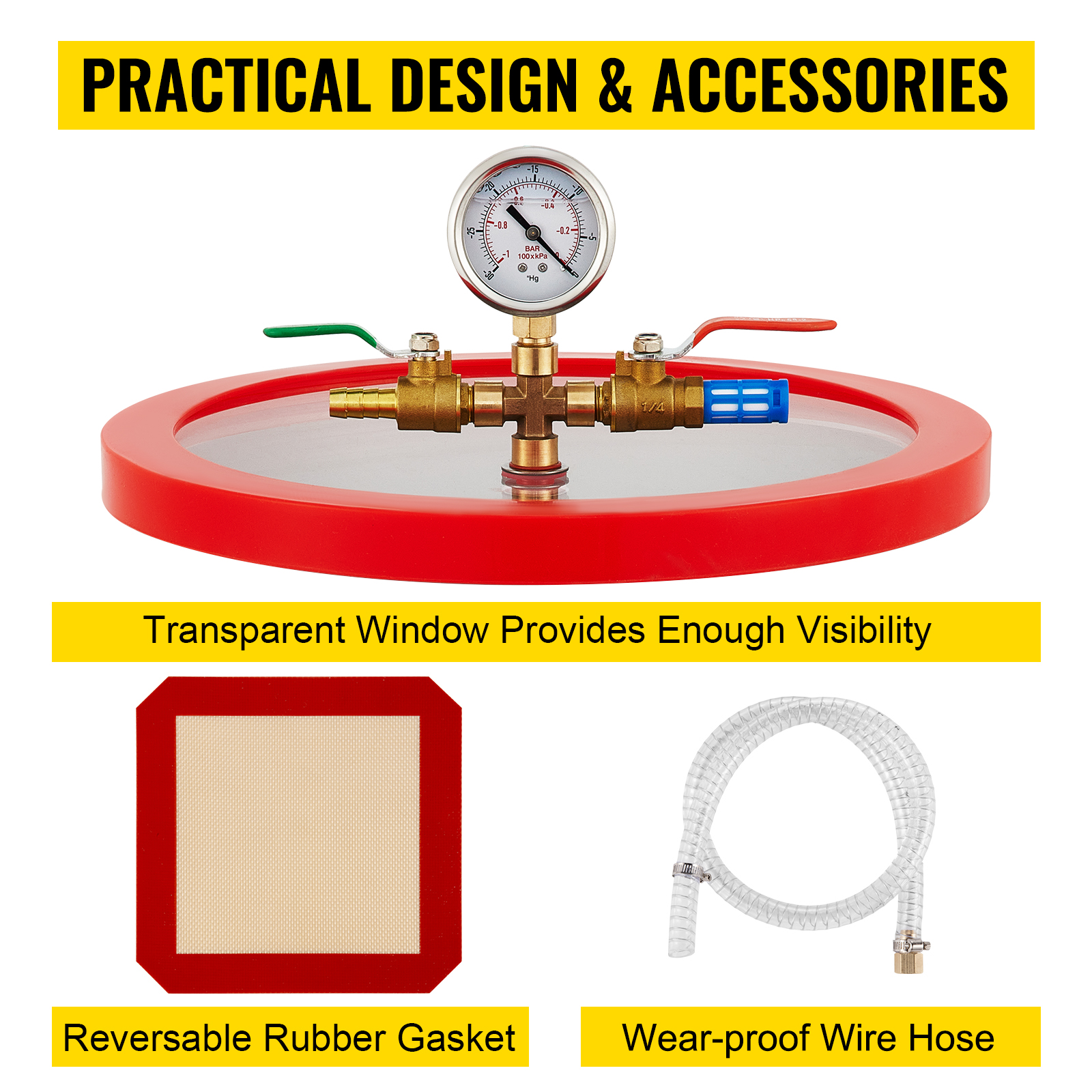 practical VEVOR vacuum chamber with gauge, transparent window, reversible gasket, and wear-proof hose.