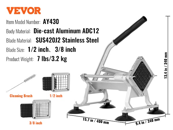 VEVOR food chopper ay430, die-cast aluminum, stainless steel blades, 1/2" & 3/8" sizes.