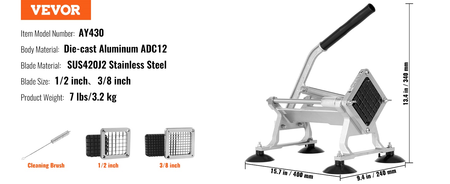 VEVOR food chopper ay430, die-cast aluminum, stainless steel blades, 1/2" & 3/8" sizes.