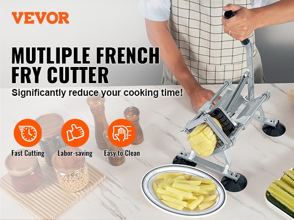 VEVOR french fry cutter on a kitchen counter, promoting fast cutting, labor-saving, and easy to clean.