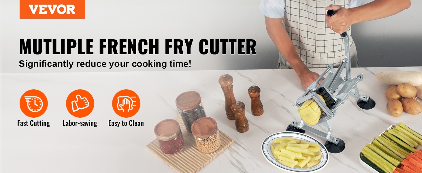 VEVOR french fry cutter on a kitchen counter, promoting fast cutting, labor-saving, and easy to clean.